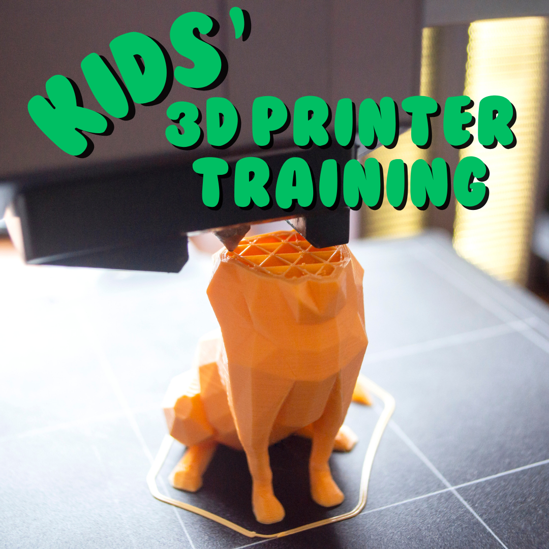 A 3D printer creates an orange dog on a gray printer bed.