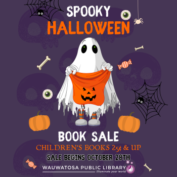 Friendly ghost holding a pumpkin trick or treat bag surrounded by pumpkins on a purple background