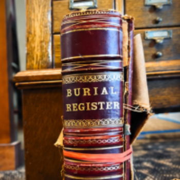 Image of brown book with gold writing that says Milwaukee County Grounds burial register