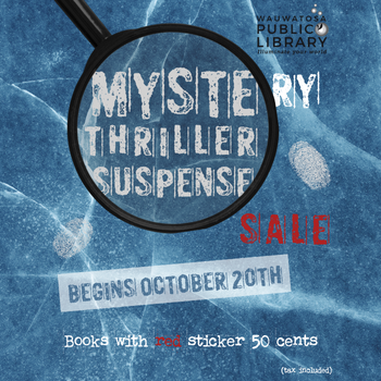 Blue background with magnifying glass looking over the words mystery, thriller, and suspense
